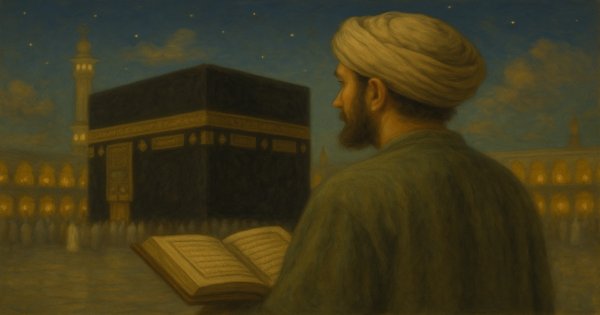 Kâbe’ye bakan bir adamın, elinde Kur’an-ı Kerim ile huşu içinde durduğu geleneksel yağlı boya tarzındaki sahne.