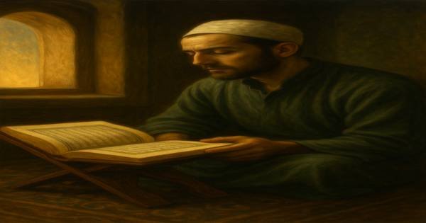 Kur’an-ı Kerim okuyan bir kişinin huzurlu ve maneviyat dolu anı